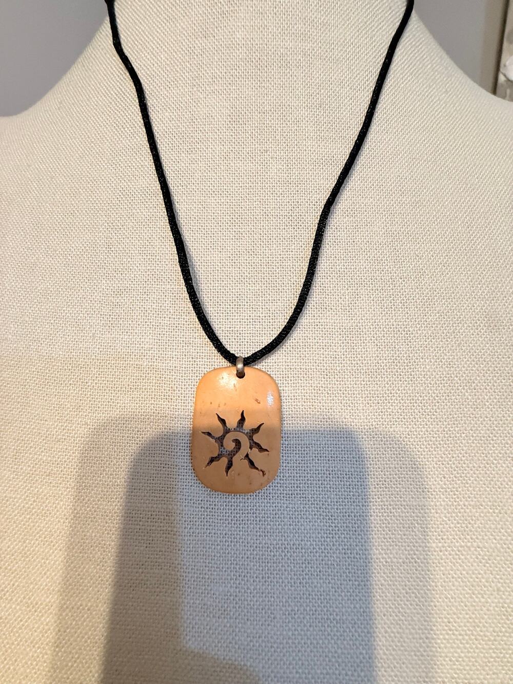 Vintage adjustable Carved Coconut Shell Sun Pendant Necklace
